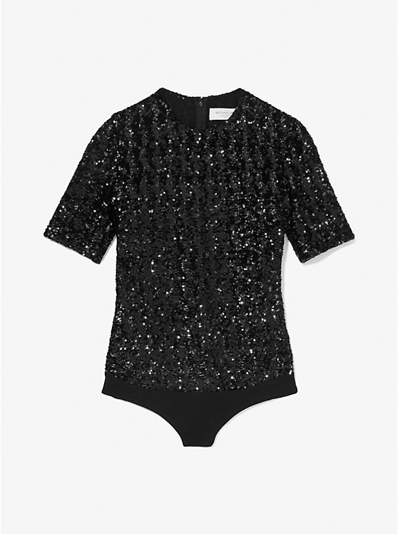 Sequined Stretch Tulle Short-Sleeve Bodysuit image number 2
