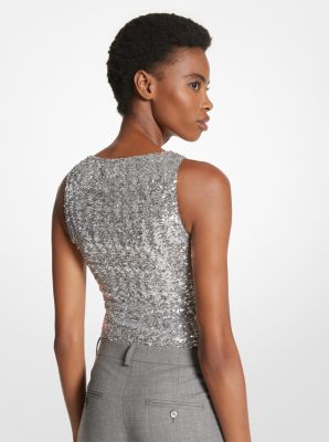 Sequined Stretch Tulle Scoop-Neck Bodysuit image number 1