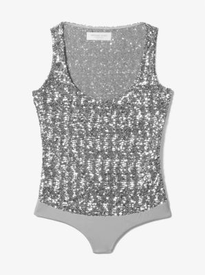 Sequined Stretch Tulle Scoop-Neck Bodysuit