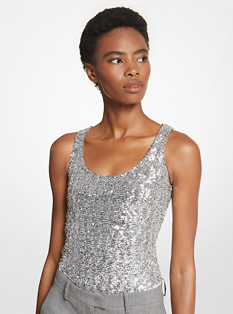 Michael Kors Sequined Stretch Tulle Scoop-neck Bodysuit In Silver