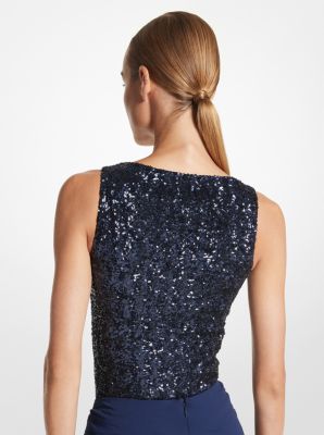 Body con scollo rotondo in tulle stretch con paillettes in NAVY | Michael Kors