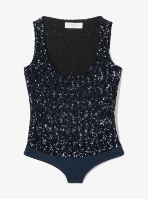 Body con scollo rotondo in tulle stretch con paillettes in NAVY | Michael Kors