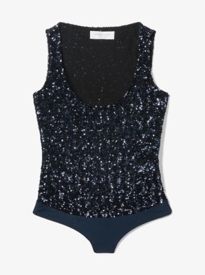 Sequined Stretch Tulle Scoop-Neck Bodysuit