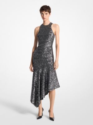 Stretch Sequined Asymmetric Draped Tank Dress