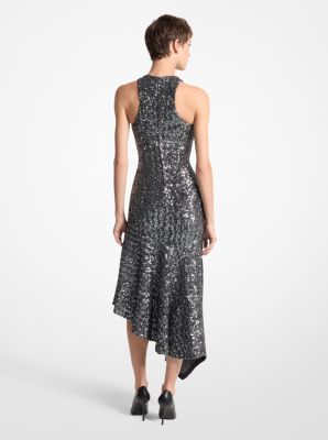 Stretch Sequined Asymmetric Draped Tank Dress