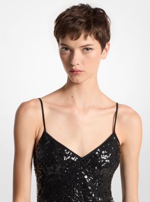 Slip-Kleid aus Seiden-Georgette mit von Hand aufgestickten Pailletten