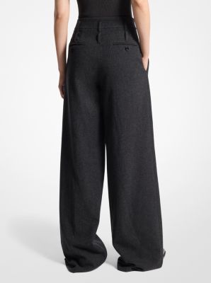 Stretch Wool Flannel Double Belted Pleated Trousers