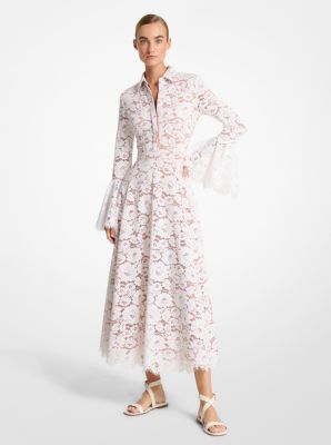 Vestido camisero de encaje con motivo floral y mangas de campana
