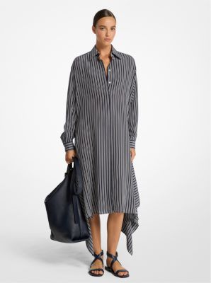 Striped Silk Crepe De Chine Cascade Shirtdress