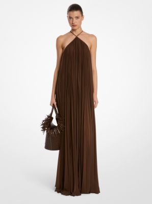 Pleated Techno Chiffon Halter Gown