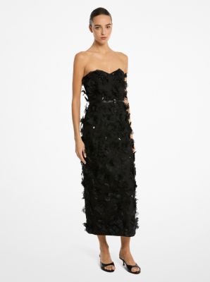 Vestido recto de seda y lana mikado con adornos florales bordados a mano