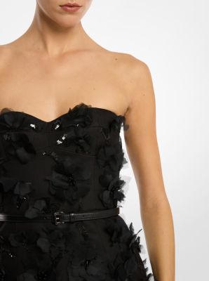 Vestido recto de seda y lana mikado con adornos florales bordados a mano