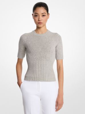 Ribbed Stretch Cashmere Short-Sleeve Sweater in PEARL GREY | Michael Kors