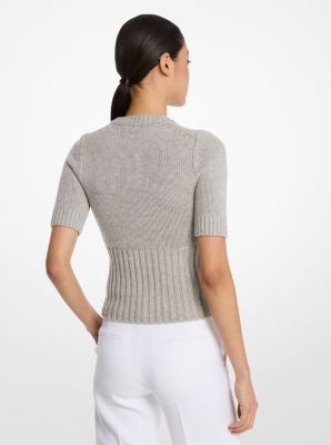 Ribbed Stretch Cashmere Short-Sleeve Sweater in PEARL GREY | Michael Kors