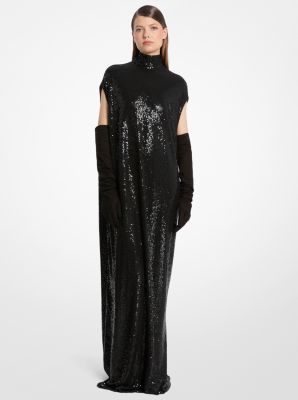 Hand-Embroidered Sequin Crepe Jersey Mock Neck Gown