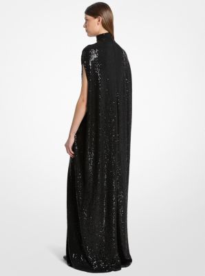 Hand-Embroidered Sequin Crepe Jersey Mock Neck Gown