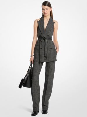 Michael Kors Glen Plaid Wool Belted Backless Blazer In Black