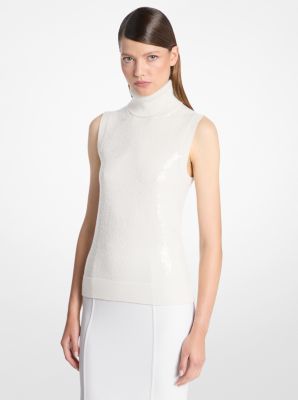 Hand-Embroidered Sequin Cashmere Sleeveless Turtleneck Sweater