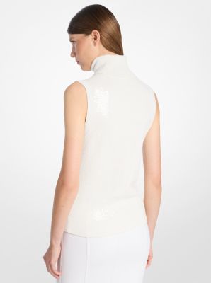 Hand-Embroidered Sequin Cashmere Sleeveless Turtleneck Sweater