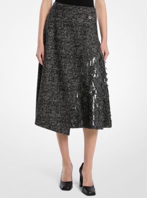 Hand-Embroidered Smudge Glen Plaid Paillette Wool Wrap Skirt