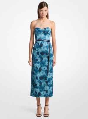 Floral Chiné Satin Duchesse Bustier Strapless Sheath Dress