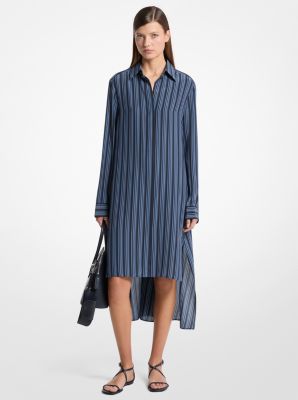 Graphic Striped Crepe de Chine High-Low Shirtdress