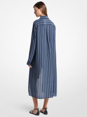 Graphic Striped Crepe de Chine High-Low Shirtdress