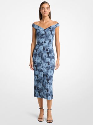 Vestido tubo de cady elástico con estampado floral chiné