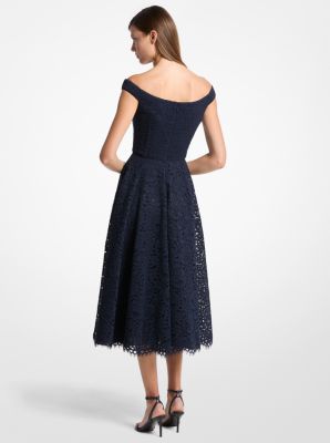 Corded Floral Lace Portrait-Neck Dress