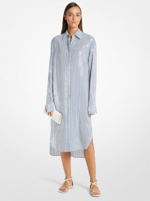 Sequined Stripe Crepe De Chine Shirtdress