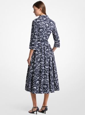 Graphic Floral Chiné Cotton Poplin Quarter-Sleeve Belted Shirtdress