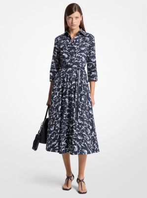 Michael Kors Collection Graphic Floral Chiné Cotton Poplin Quarter-Sleeve Belted Shirtdress