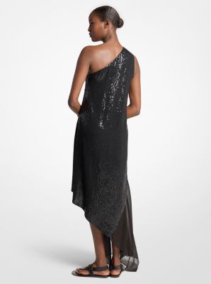 Vestido asim&eacute;trico de georgette de seda con lentejuelas bordadas a mano