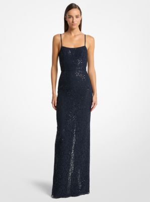 Vestido de noche de encaje floral con cordoncillo y lentejuelas