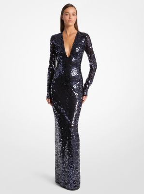 Vestido de noche de tul elástico con bordado de espejos y cuello en V