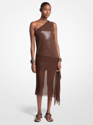 Vestido con velo de crep&eacute; de lana el&aacute;stico con lentejuelas adornadas a mano