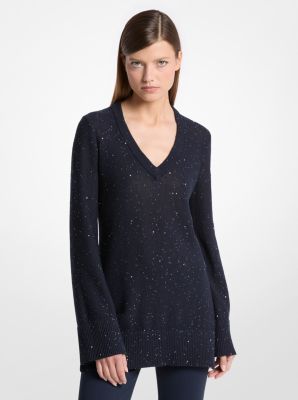 Michael Kors Sequined Linen And Cotton V-neck Sweater In Blue