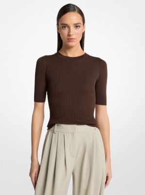 Ribbed Wool Elbow-Sleeve Sweater