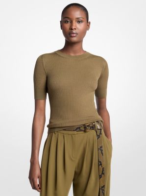 Ribbed Wool Elbow-Sleeve Sweater