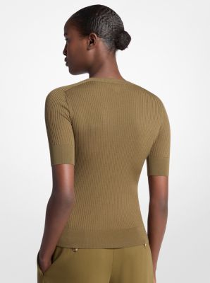 Ribbed Wool Elbow-Sleeve Sweater