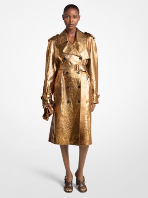 Metallic Crackled Leather Trench Coat