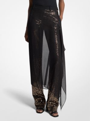 Pantal&oacute;n de crep&eacute; de lana y velo de voile de seda adornado