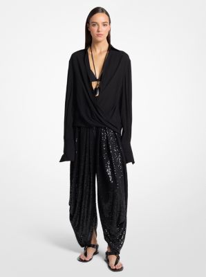 Pantal&oacute;n drapeado de tejido georgette con lentejuelas adornadas a mano