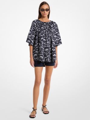 Michael Kors Floral Chiné Cotton Poplin Blouse In Black