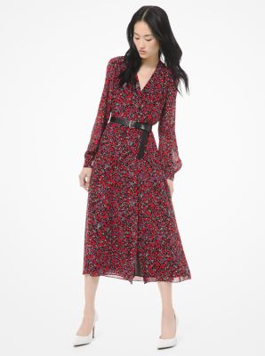 Woodland-Print Georgette Shirtdress 