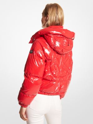 Michael Kors Ciré Shine Hooded Puffer Coat Jacket Crimson Red/Dark Brandy  $295