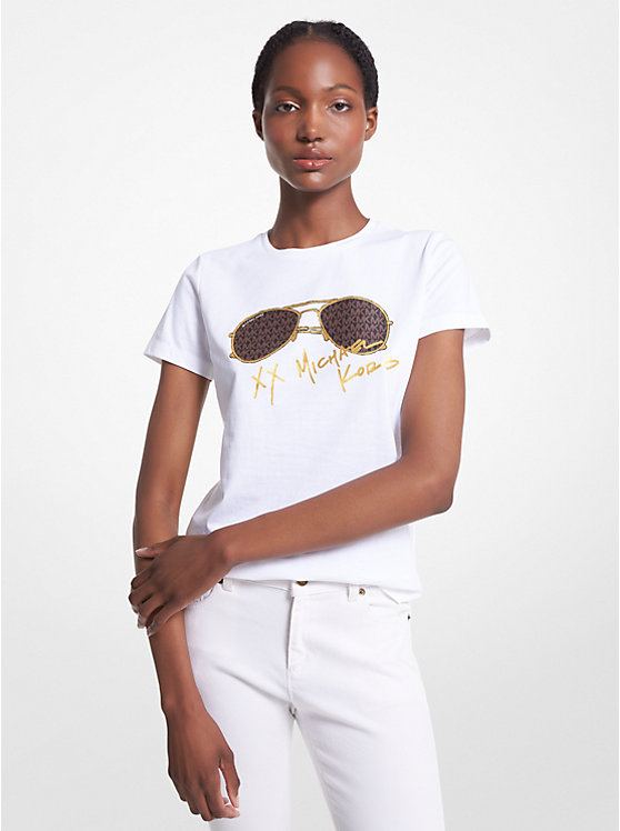 T-shirt en coton biologique à imprimé de lunettes aviateur à logo image number 0