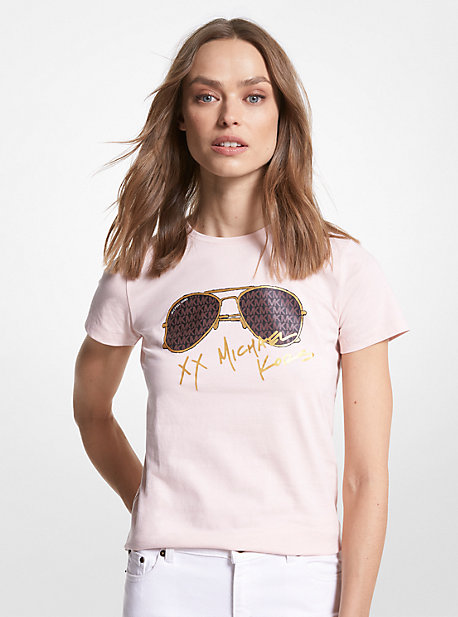 Michaelkors Logo Aviator Print Organic Cotton T-Shirt,POWDER Blush LUSH