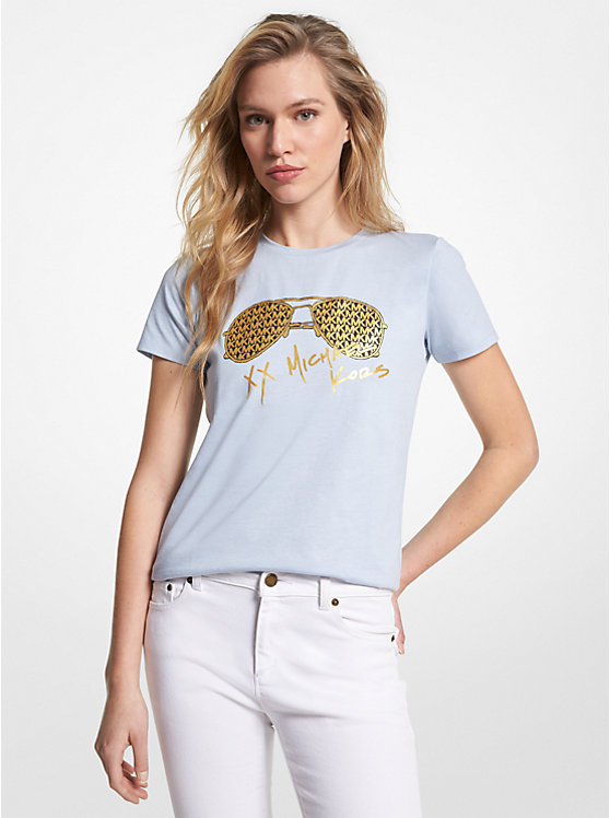 T-shirt en coton biologique à imprimé de lunettes aviateur à logo métallisé image number 0