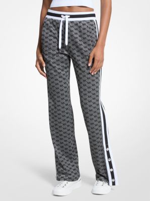 Michael Kors Logo Print Metallic Stretch Knit Track Pants In Gray